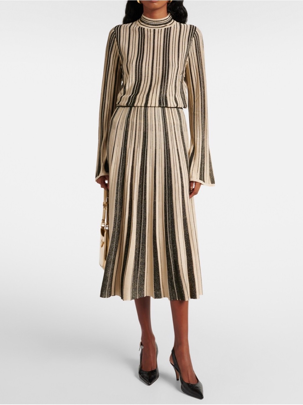 Zimmermann Metallic Stripe Knit Top & Midi Skirt Set Size 2 Mock Neck Flare Slee